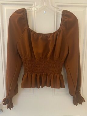 Brown Long Sleeve Crop Blouse
